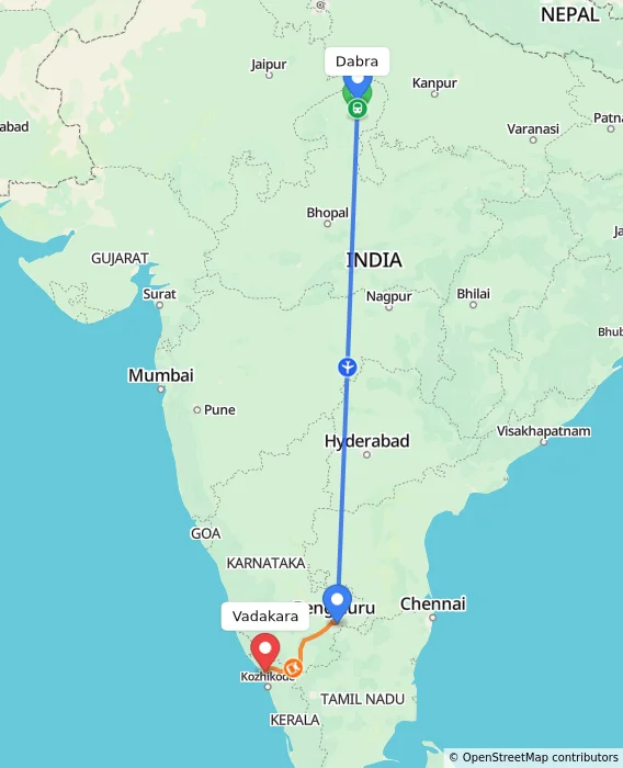 Route map showing distance and travel time from Dabra, India to Vadakara, India