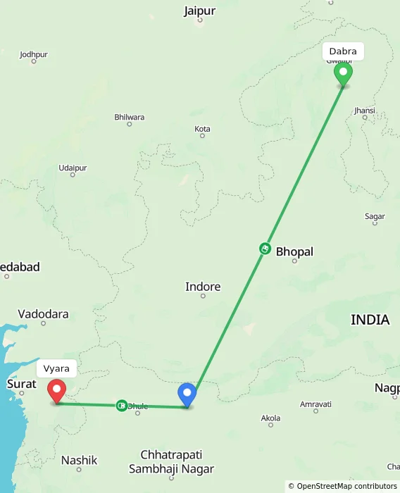 Route map showing distance and travel time from Dabra, India to Vyara, India
