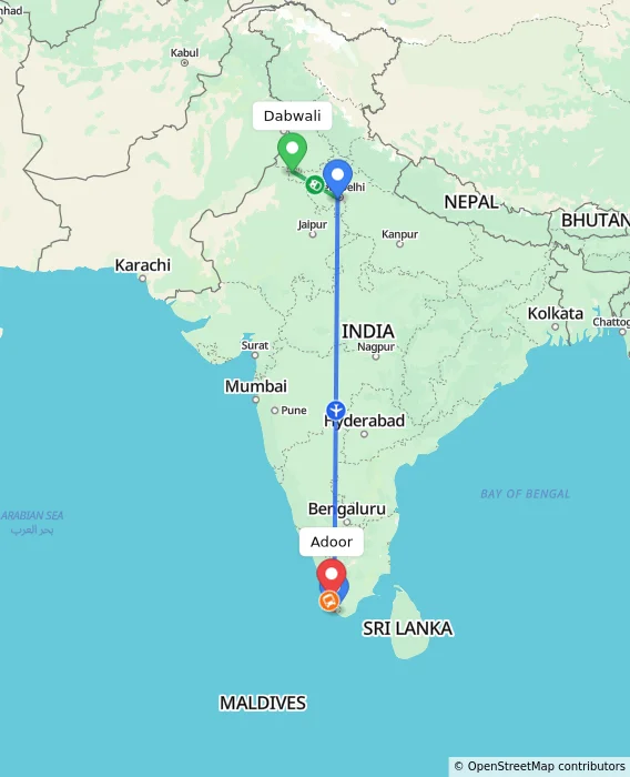Route map showing distance and travel time from Dabwali, India to Adoor, India