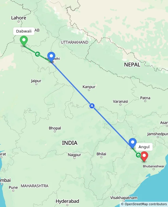 Route map showing distance and travel time from Dabwali, India to Angul, India
