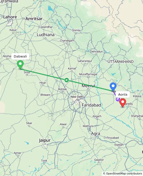 Route map showing distance and travel time from Dabwali, India to Aonla, India