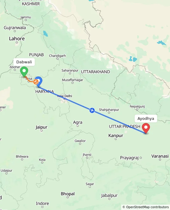 Route map showing distance and travel time from Dabwali, India to Ayodhya, India