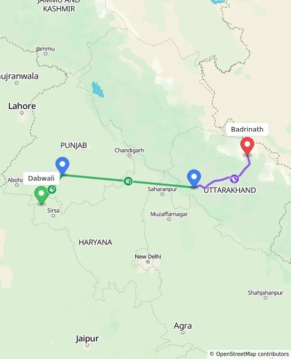 Route map showing distance and travel time from Dabwali, India to Badrinath, India