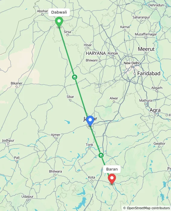 Route map showing distance and travel time from Dabwali, India to Baran, India