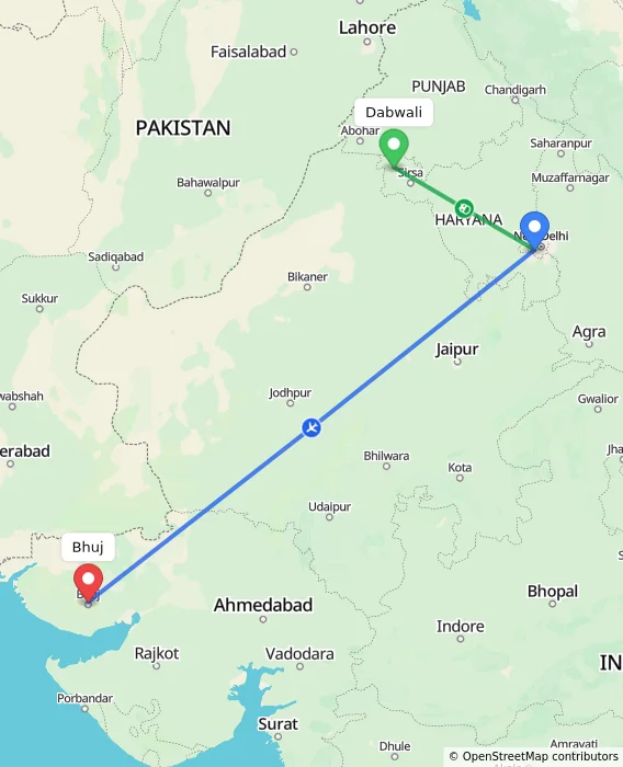 Route map showing distance and travel time from Dabwali, India to Bhuj, India