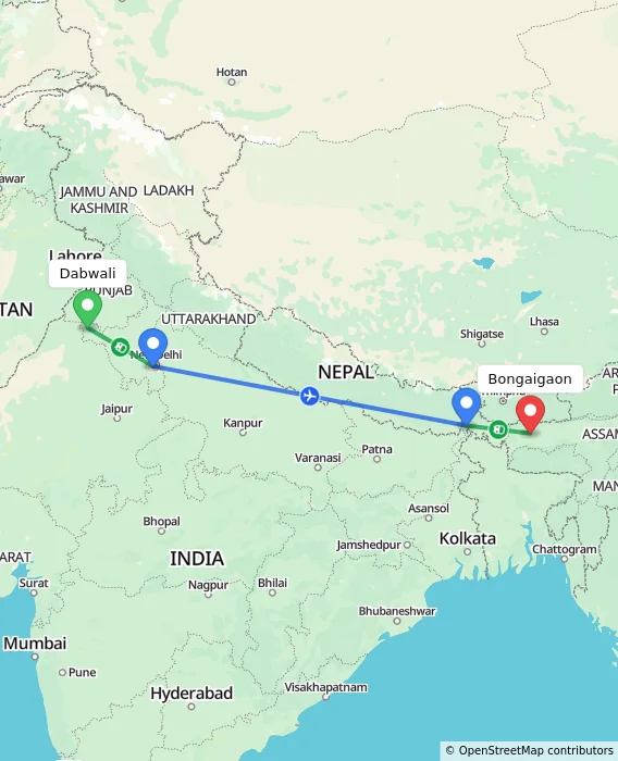 Route map showing distance and travel time from Dabwali, India to Bongaigaon, India