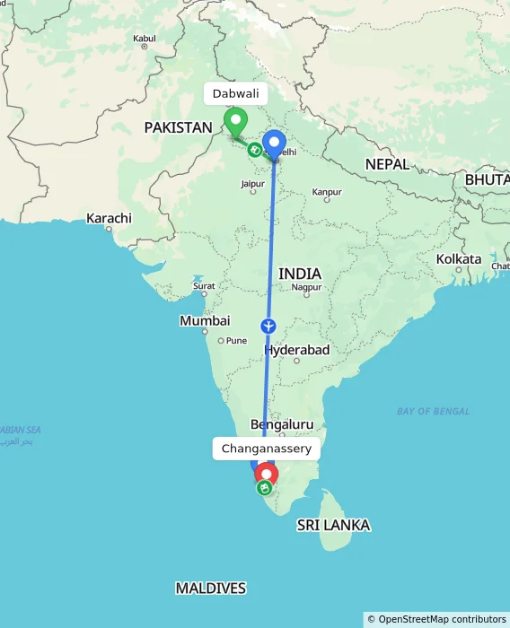 Route map showing distance and travel time from Dabwali, India to Changanassery, India