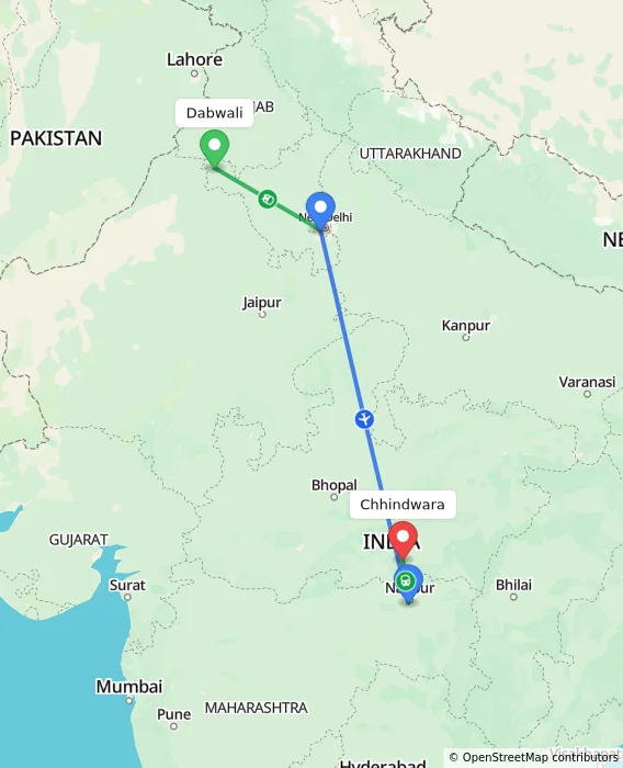 Route map showing distance and travel time from Dabwali, India to Chhindwara, India