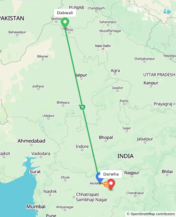 Route map showing distance and travel time from Dabwali, India to Darwha, India