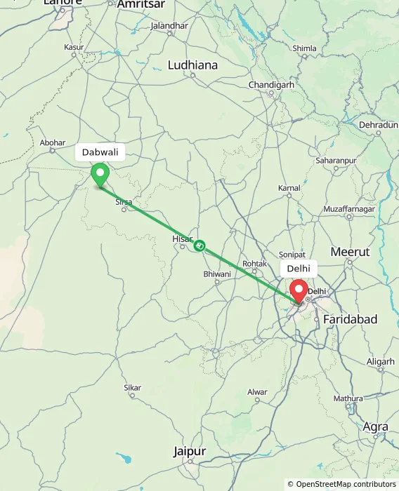 Route map showing distance and travel time from Dabwali, India to Delhi, India