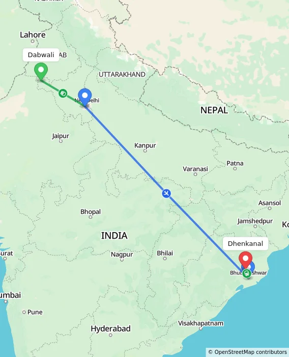 Route map showing distance and travel time from Dabwali, India to Dhenkanal, India