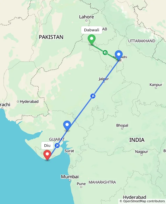 Route map showing distance and travel time from Dabwali, India to Diu, India