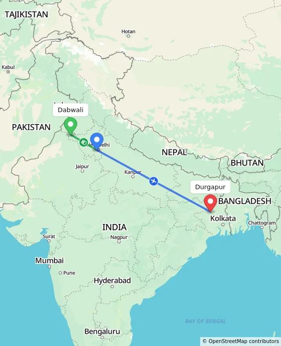 Route map showing distance and travel time from Dabwali, India to Durgapur, India