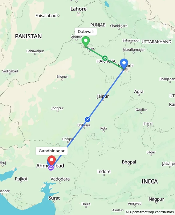 Route map showing distance and travel time from Dabwali, India to Gandhinagar, India