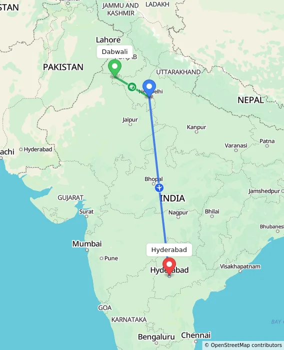 Route map showing distance and travel time from Dabwali, India to Hyderabad, India