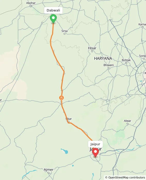 Route map showing distance and travel time from Dabwali, India to Jaipur, India