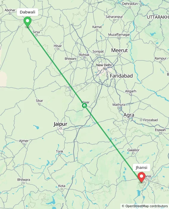 Route map showing distance and travel time from Dabwali, India to Jhansi, India