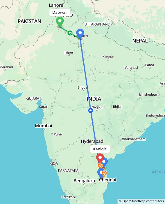 Route map showing distance and travel time from Dabwali, India to Kanigiri, India