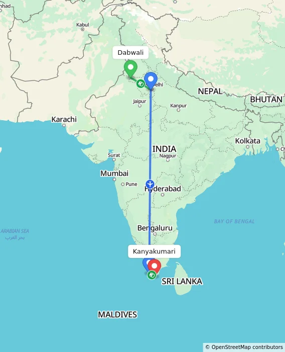 Route map showing distance and travel time from Dabwali, India to Kanyakumari, India