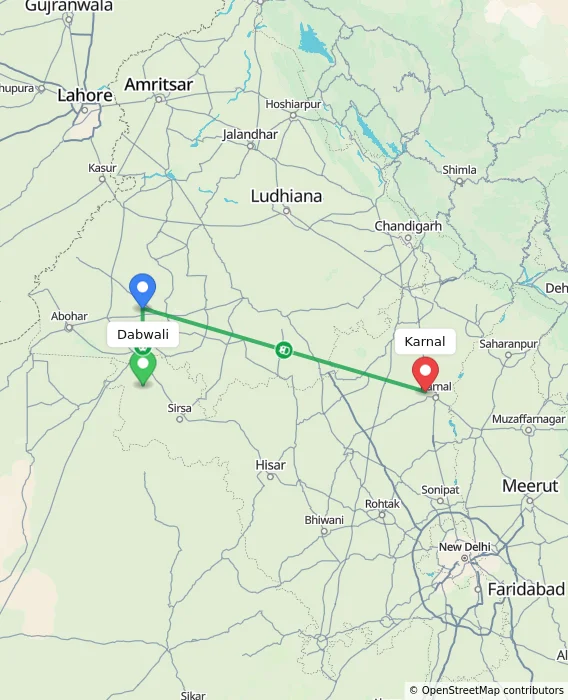 Route map showing distance and travel time from Dabwali, India to Karnal, India