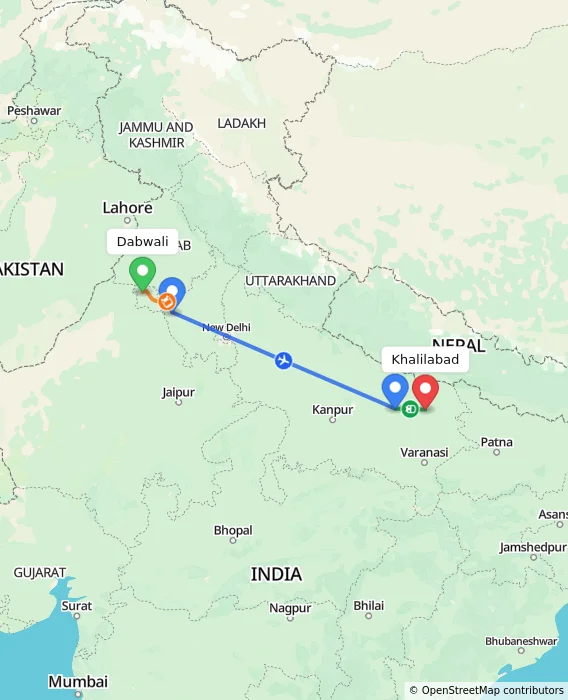 Route map showing distance and travel time from Dabwali, India to Khalilabad, India