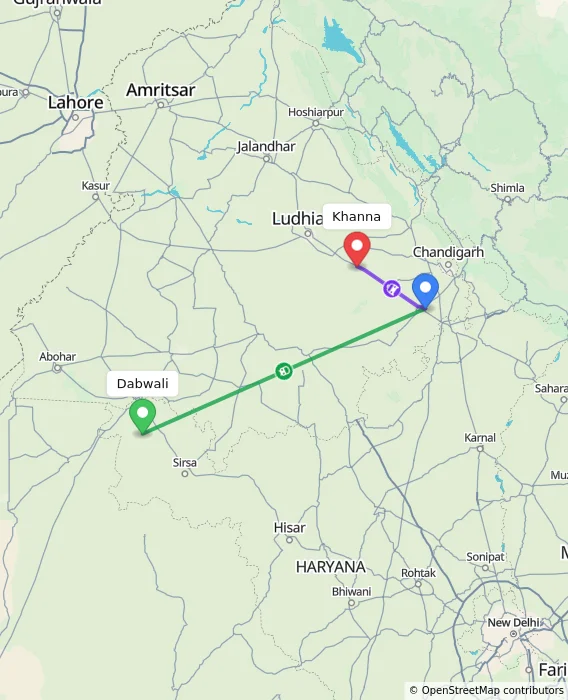 Route map showing distance and travel time from Dabwali, India to Khanna, India