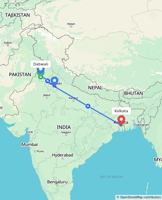 Route map showing distance and travel time from Dabwali, India to Kolkata, India