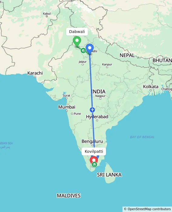 Route map showing distance and travel time from Dabwali, India to Kovilpatti, India