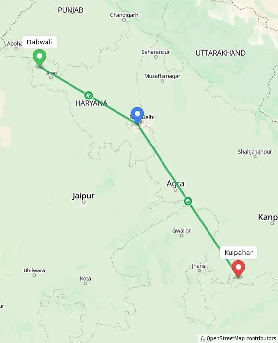 Route map showing distance and travel time from Dabwali, India to Kulpahar, India