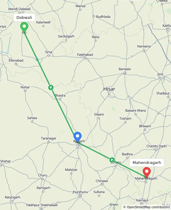 Route map showing distance and travel time from Dabwali, India to Mahendragarh, India