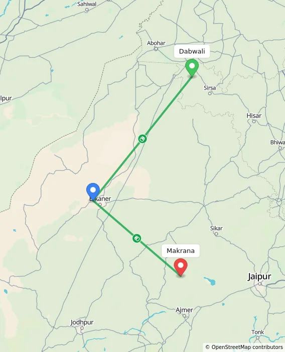 Route map showing distance and travel time from Dabwali, India to Makrana, India