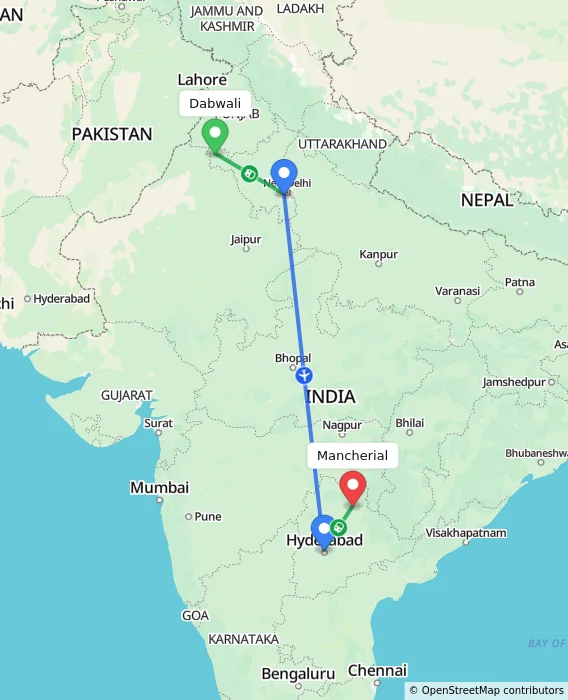 Route map showing distance and travel time from Dabwali, India to Mancherial, India