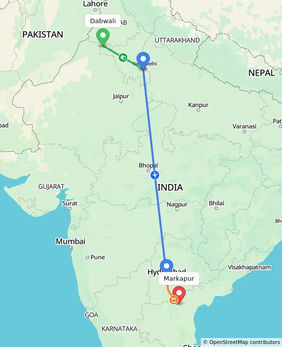 Route map showing distance and travel time from Dabwali, India to Markapur, India