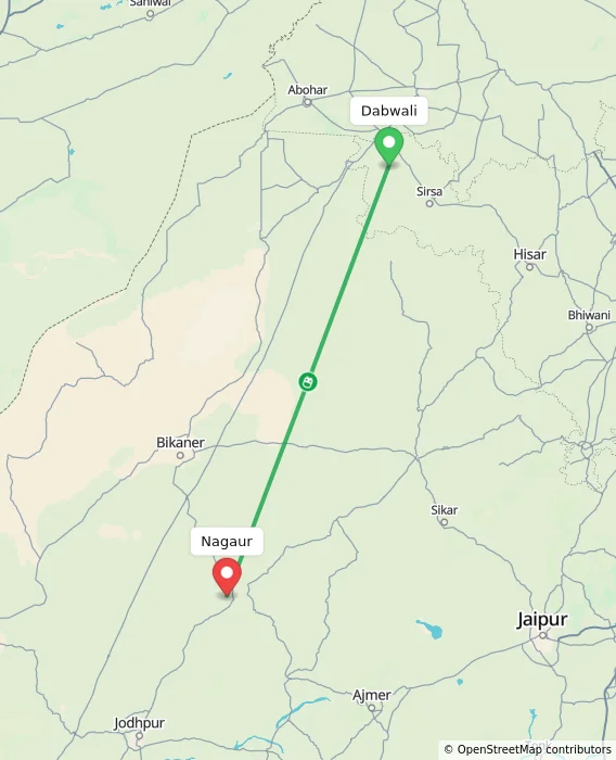 Route map showing distance and travel time from Dabwali, India to Nagaur, India