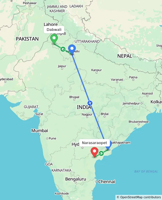 Route map showing distance and travel time from Dabwali, India to Narasaraopet, India