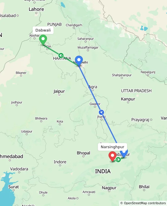 Route map showing distance and travel time from Dabwali, India to Narsinghpur, India