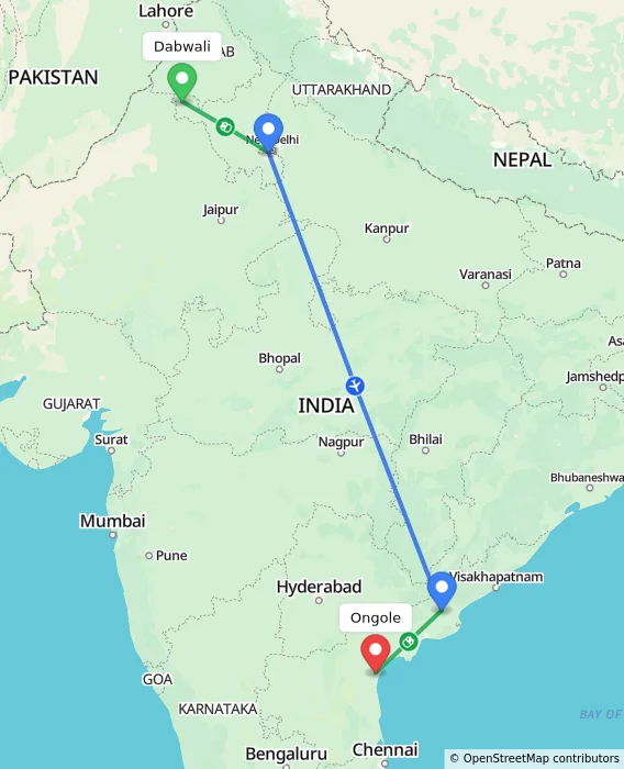 Route map showing distance and travel time from Dabwali, India to Ongole, India