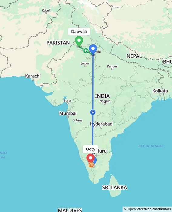 Route map showing distance and travel time from Dabwali, India to Ooty, India