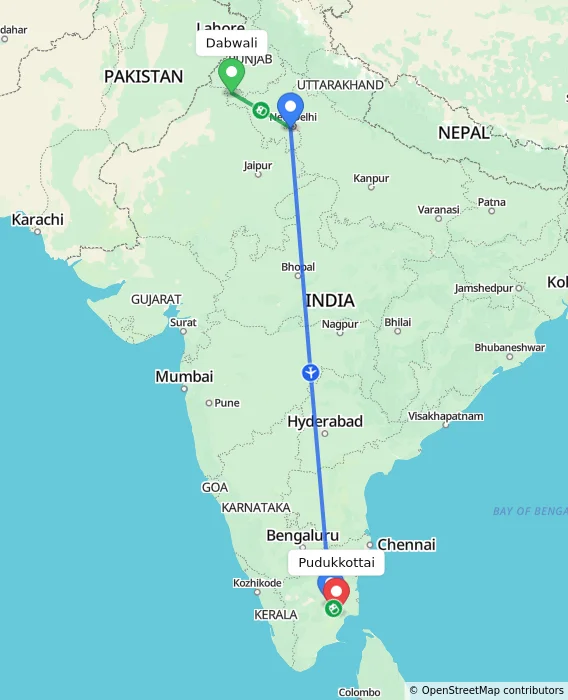 Route map showing distance and travel time from Dabwali, India to Pudukkottai, India