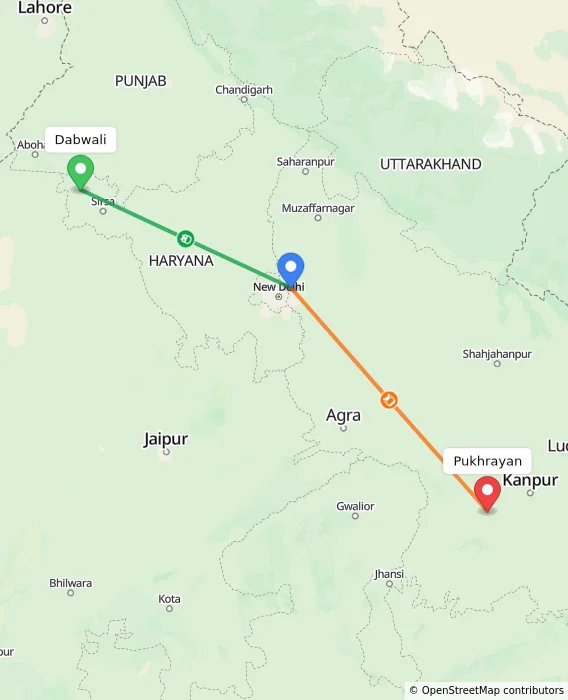 Route map showing distance and travel time from Dabwali, India to Pukhrayan, India