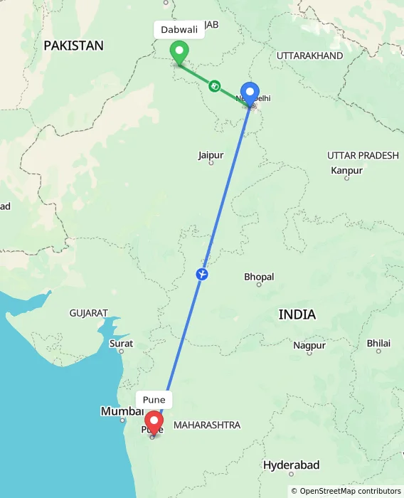 Route map showing distance and travel time from Dabwali, India to Pune, India