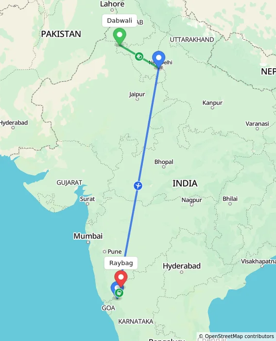 Route map showing distance and travel time from Dabwali, India to Raybag, India