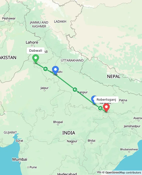 Route map showing distance and travel time from Dabwali, India to Robertsganj, India