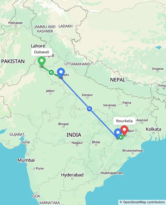 Route map showing distance and travel time from Dabwali, India to Rourkela, India
