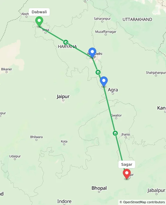 Route map showing distance and travel time from Dabwali, India to Sagar, India