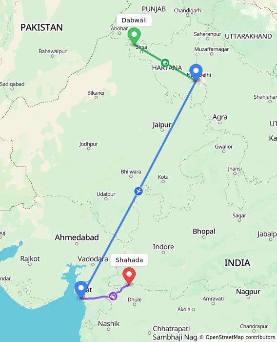 Route map showing distance and travel time from Dabwali, India to Shahada, India