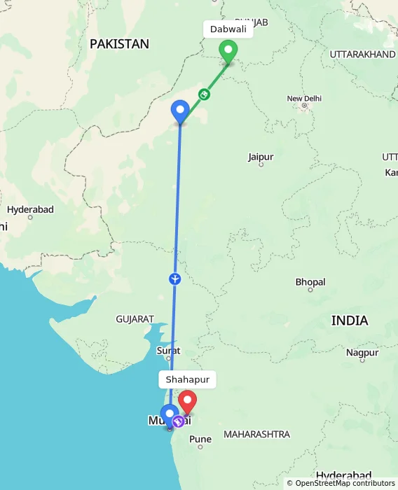 Route map showing distance and travel time from Dabwali, India to Shahapur, India
