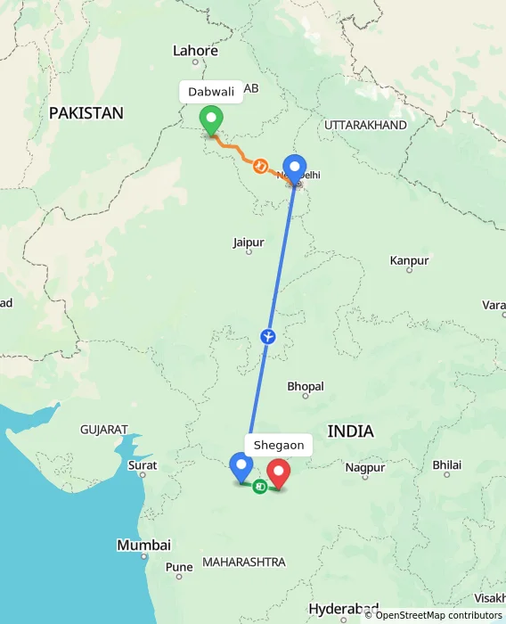 Route map showing distance and travel time from Dabwali, India to Shegaon, India