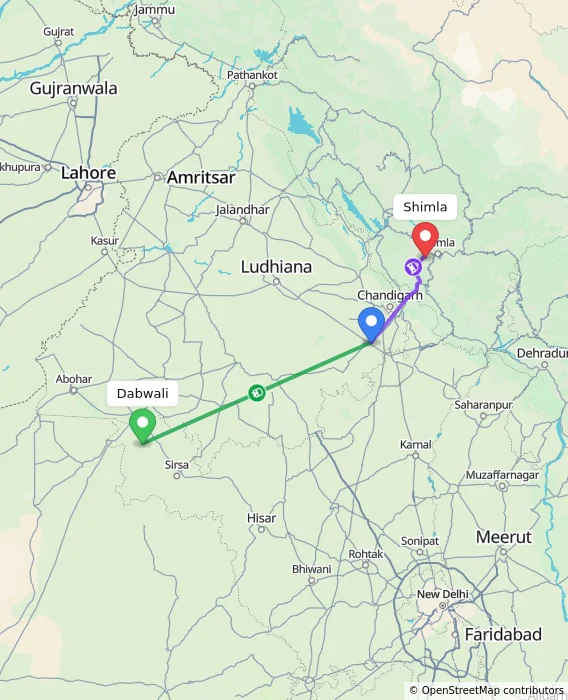Route map showing distance and travel time from Dabwali, India to Shimla, India