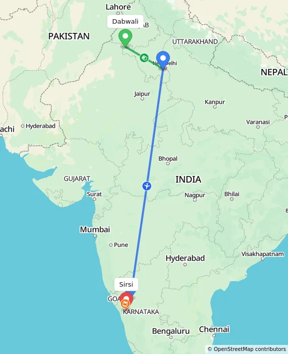 Route map showing distance and travel time from Dabwali, India to Sirsi, India